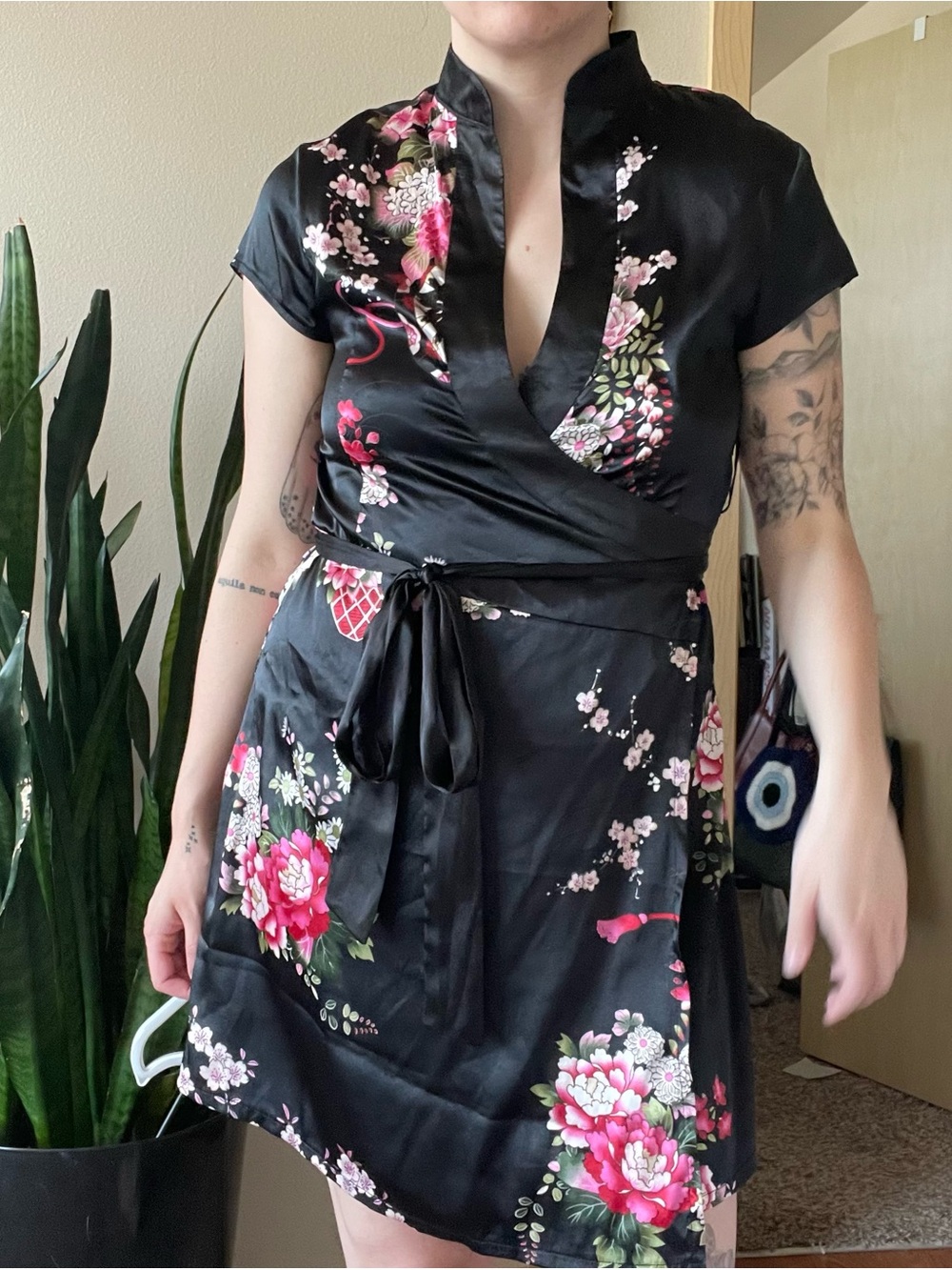 Black Floral Silk Wrap Dress